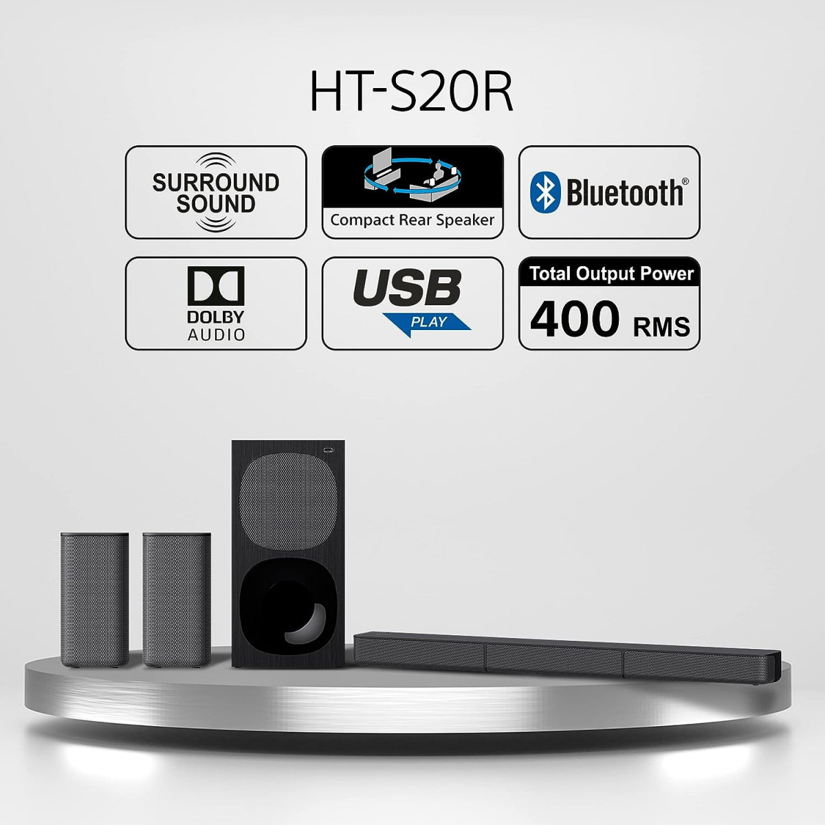 Sony HT-S20R Real 51ch Dolby Digital Soundbar for TV with subwoofer and Compact Rear Speakers 51ch Home Theatre System 400WBluetooth  USB Connectivity HDMI  Optical connectivity
