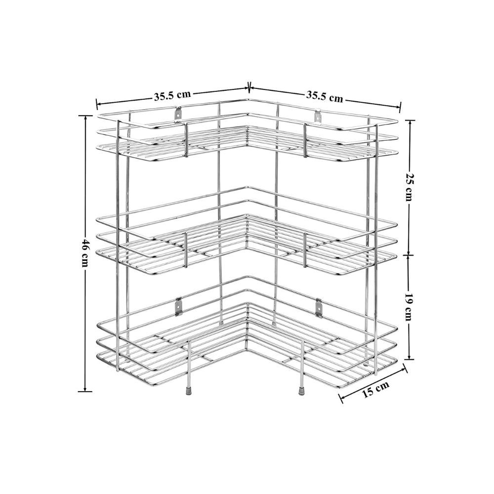 Stainless Steel Multipurpose L-Shape 3-Tier Kitchen Corner Rack (Silver)