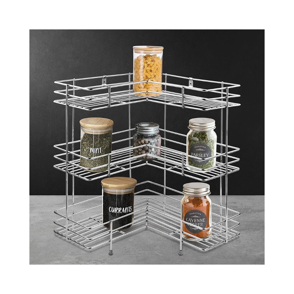 Stainless Steel Multipurpose L-Shape 3-Tier Kitchen Corner Rack (Silver)