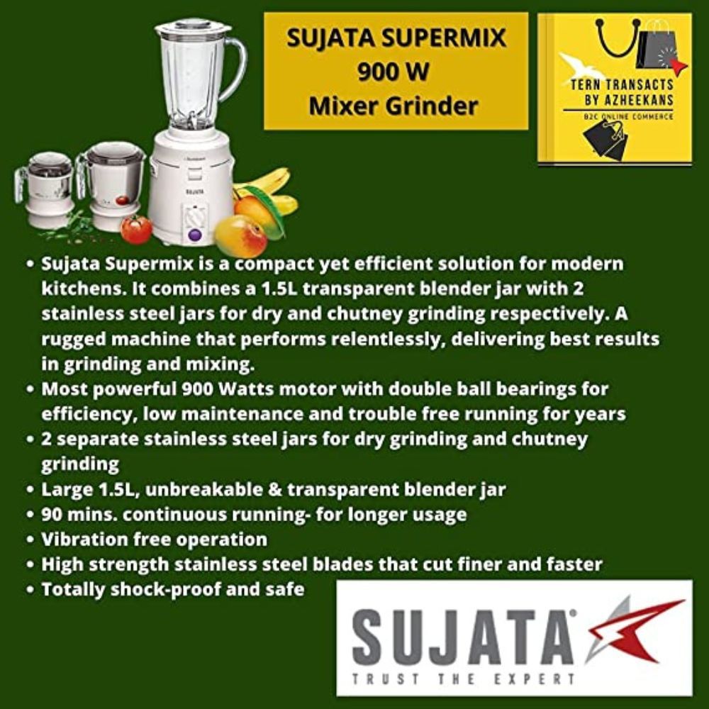 Sujata Supermix Mixer Grinder 900 Watts 3 Jars White