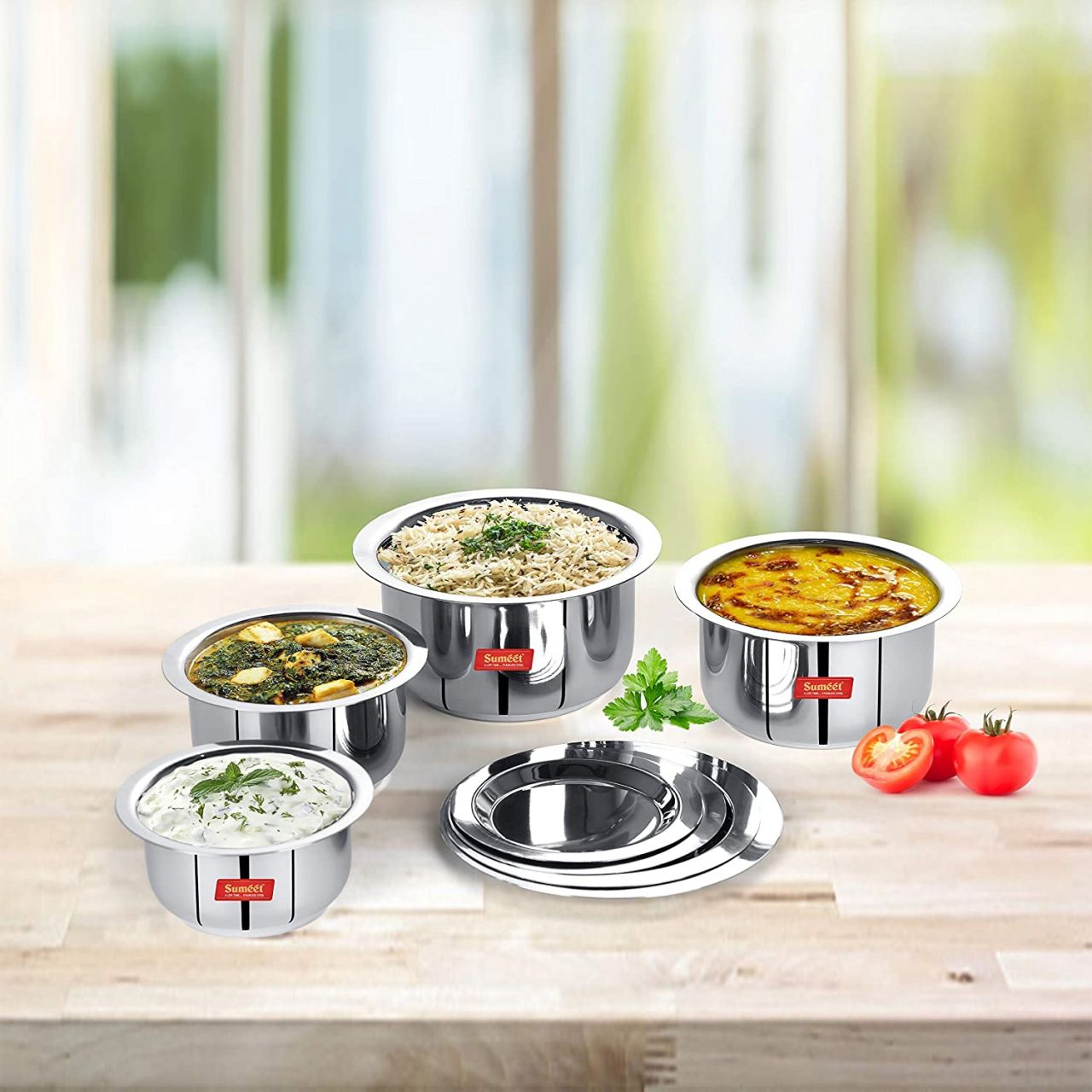 Sumeet Stainless Steel Friendly Tope/patila/cookware With Lids, 370ML, 550ML, 800ML, 1100ML, 4 Piece (Steel)