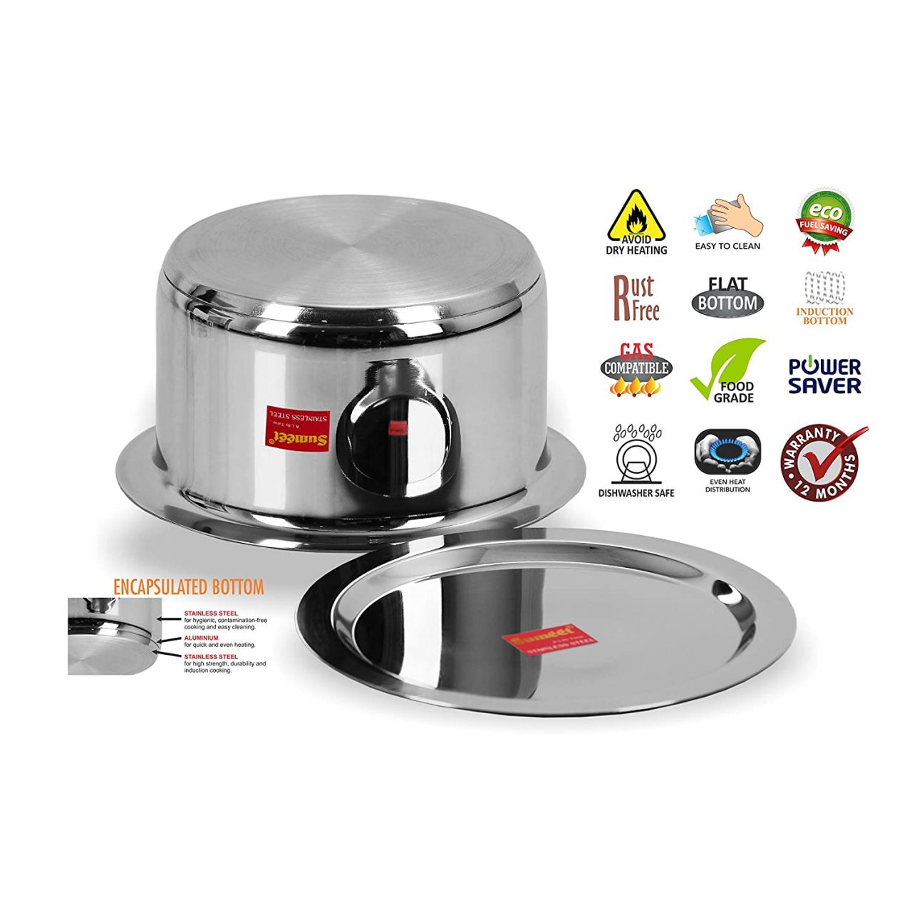 Sumeet Stainless Steel Induction Bottom Container/Tope/Cookware with Lid Size No.12 (1.7 LTR)