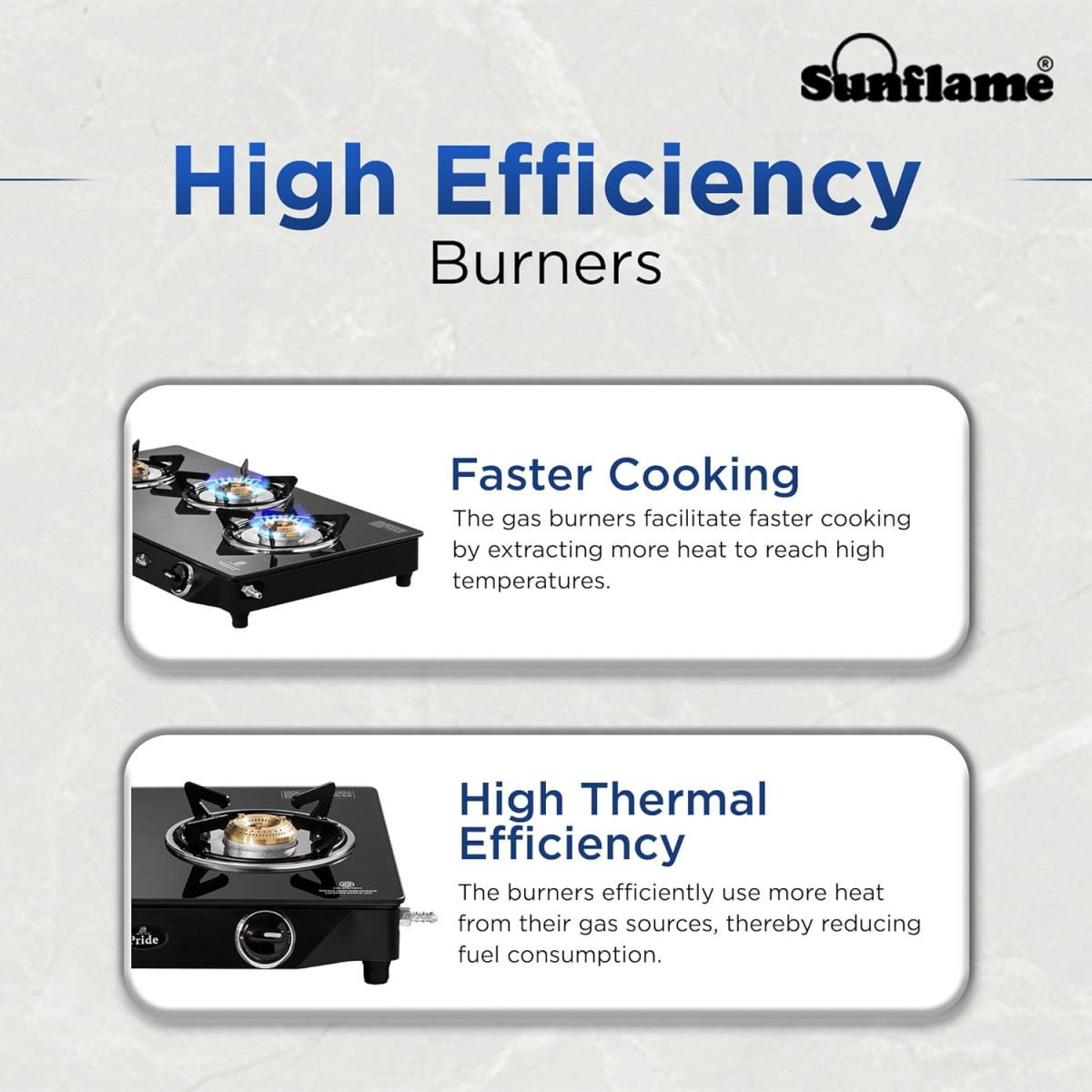 Sunflame Pride 3 Burner Gas Stove  2-Years Product Coverage  2 Small and 1 Medium Brass Burners  Ergonomic Knobs  Easy to Maintain l Toughened Glass Top  PAN India Presence  Black
