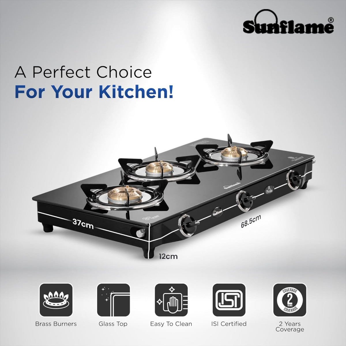 Sunflame Pride 3 Burner Gas Stove  2-Years Product Coverage  2 Small and 1 Medium Brass Burners  Ergonomic Knobs  Easy to Maintain l Toughened Glass Top  PAN India Presence  Black