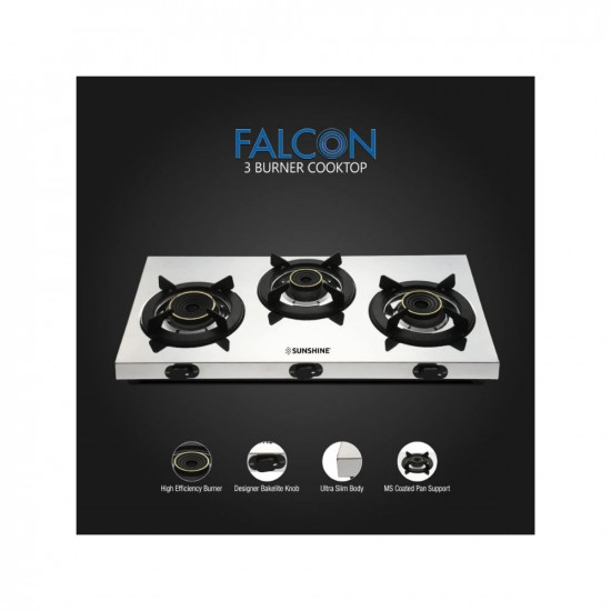 Sunshine Falcon Ultra Slim Stainless Steel Cooktop ISI Certified Manual Ignition 3 Burner Gas Stove 2 Years General Warranty