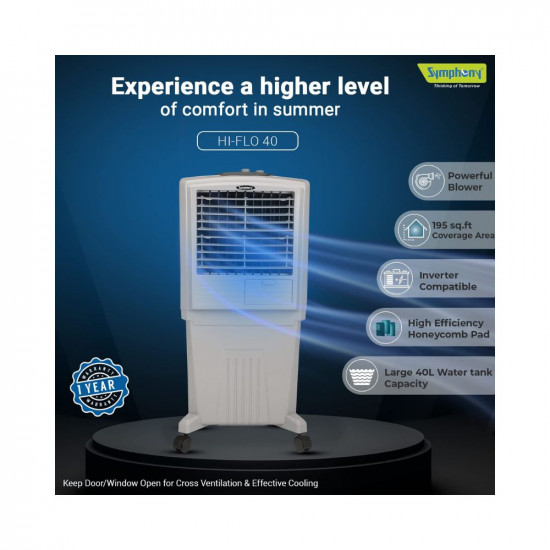 Symphony HiFlo 40 Personal Air Cooler For Home with Powerful Blower, Honeycomb Pads, i-Pure Technology and Low Power Consumption (40L, Light Grey)