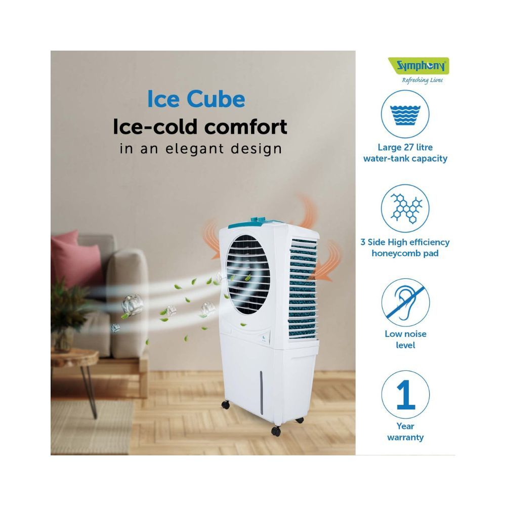 Symphony Ice Cube 27 Personal Air Cooler For Home with Powerful Fan, 3-Side Honeycomb Pads