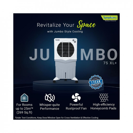Symphony Jumbo 75 XL Desert Air Cooler for Home with Honeycomb Pads Powerful Fan and Cool Flow Dispenser 75L White