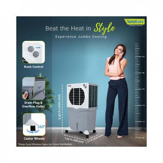 Symphony Jumbo 75 XL Desert Air Cooler for Home with Honeycomb Pads Powerful Fan and Cool Flow Dispenser 75L White