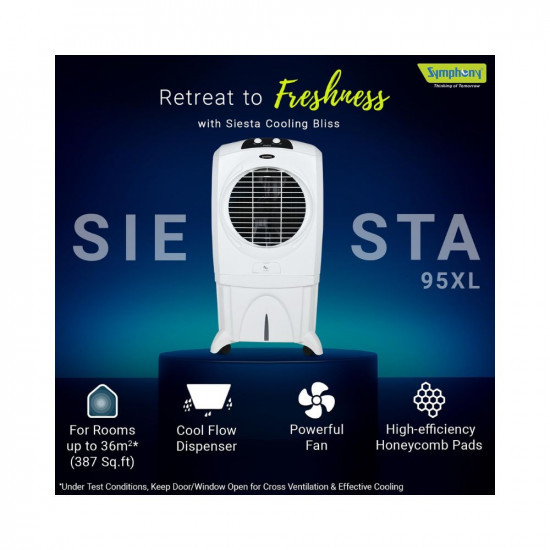 Symphony Siesta 95 XL Air Cooler For Home with Honeycomb Pads Powerful Fan and Cool Flow Dispenser 95L White