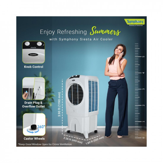 Symphony Siesta 95 XL Air Cooler For Home with Honeycomb Pads Powerful Fan and Cool Flow Dispenser 95L White