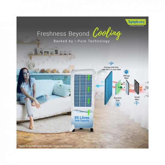 Symphony Siesta 95 XL Air Cooler For Home with Honeycomb Pads Powerful Fan and Cool Flow Dispenser 95L White