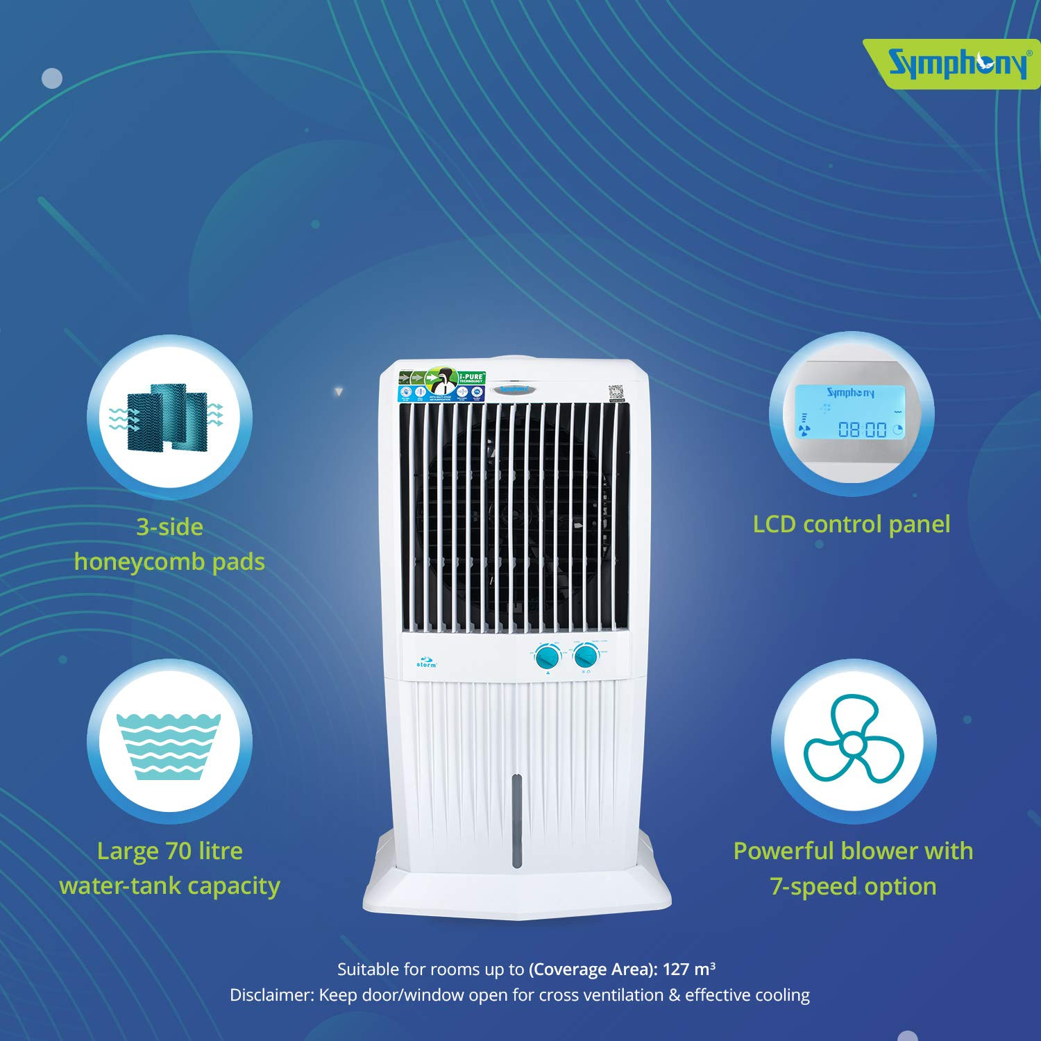 Symphony Storm 70 XL Desert Tower Air Cooler 70-litres with Multistage Air Purification Powerful Fan 3-Side Honeycomb Pads Automatic Vertical Swing  Low Power Consumption White