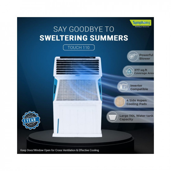 Symphony Touch 110 Personal Air Cooler For Home with 3-Side Cooling Pads Powerful Blower i-Pure Technology Digital Touchscreen and Voice Assistance 110L White
