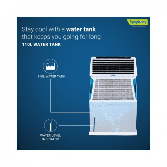 Symphony Touch 110 Personal Air Cooler For Home with 3-Side Cooling Pads Powerful Blower i-Pure Technology Digital Touchscreen and Voice Assistance 110L White