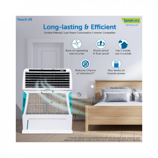 Symphony Touch 55 Personal Air Cooler For Home with 4-Side Aspen Pads Powerful Double Blowers and Closable Louvers 55L White