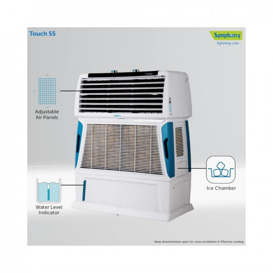 Symphony Touch 55 Personal Air Cooler For Home with 4-Side Aspen Pads Powerful Double Blowers and Closable Louvers 55L White