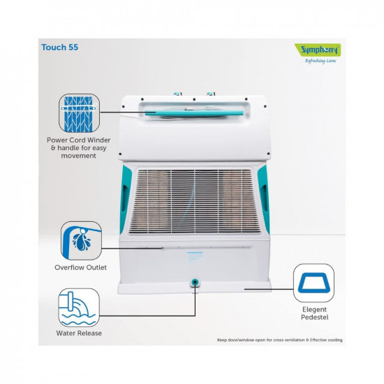 Symphony Touch 55 Personal Air Cooler For Home with 4-Side Aspen Pads Powerful Double Blowers and Closable Louvers 55L White