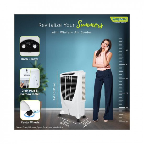 Symphony Winter Desert Air Cooler for Home with Aspen Pads Cool Flow Dispenser and Low Power Consumption 56L White