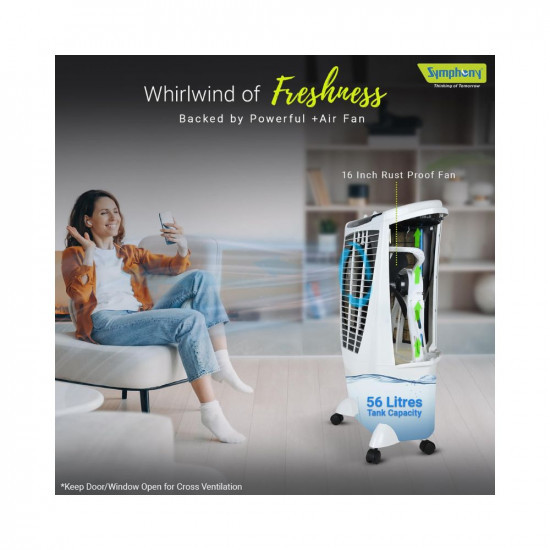 Symphony Winter Desert Air Cooler for Home with Aspen Pads Cool Flow Dispenser and Low Power Consumption 56L White