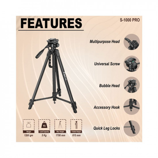 Syvo S -1000 PRO 67 Inch (170CM) Tripod for DSLR, Camera | Operating Height: 5.57 Feet| Maximum Load Capacity up to 5kg | Portable Lightweight Aluminum Tripod 360 Degree Ball Head | Carry Bag (Black)