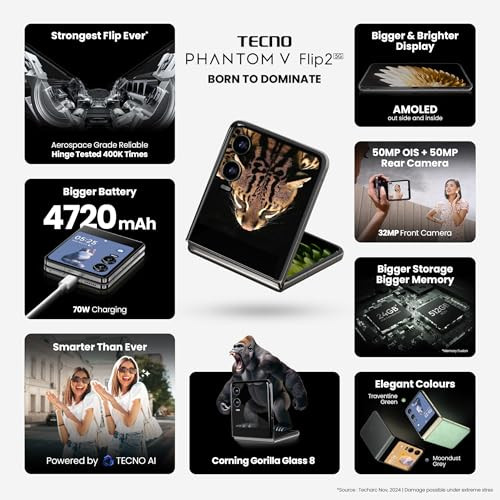 TECNO Phantom V Flip 2 Moondust Grey 8GB256GB  Strongest Flip Ever  4720mAh with 70W Charger  Advance AI Features  50MP OIS50MP Camera  69 120Hz AMOLED Main  364 AMOLED Cover Screen