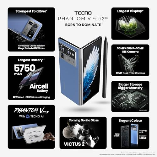 Tecno Phantom V Fold 2 Rippling Blue 12GB512GB  Strongest Fold Ever  Largest Battery in Fold Segment-5750mAh  Segment Largest Display  Rear - Triple 50MP Camera with OIS  70W Fast Charger