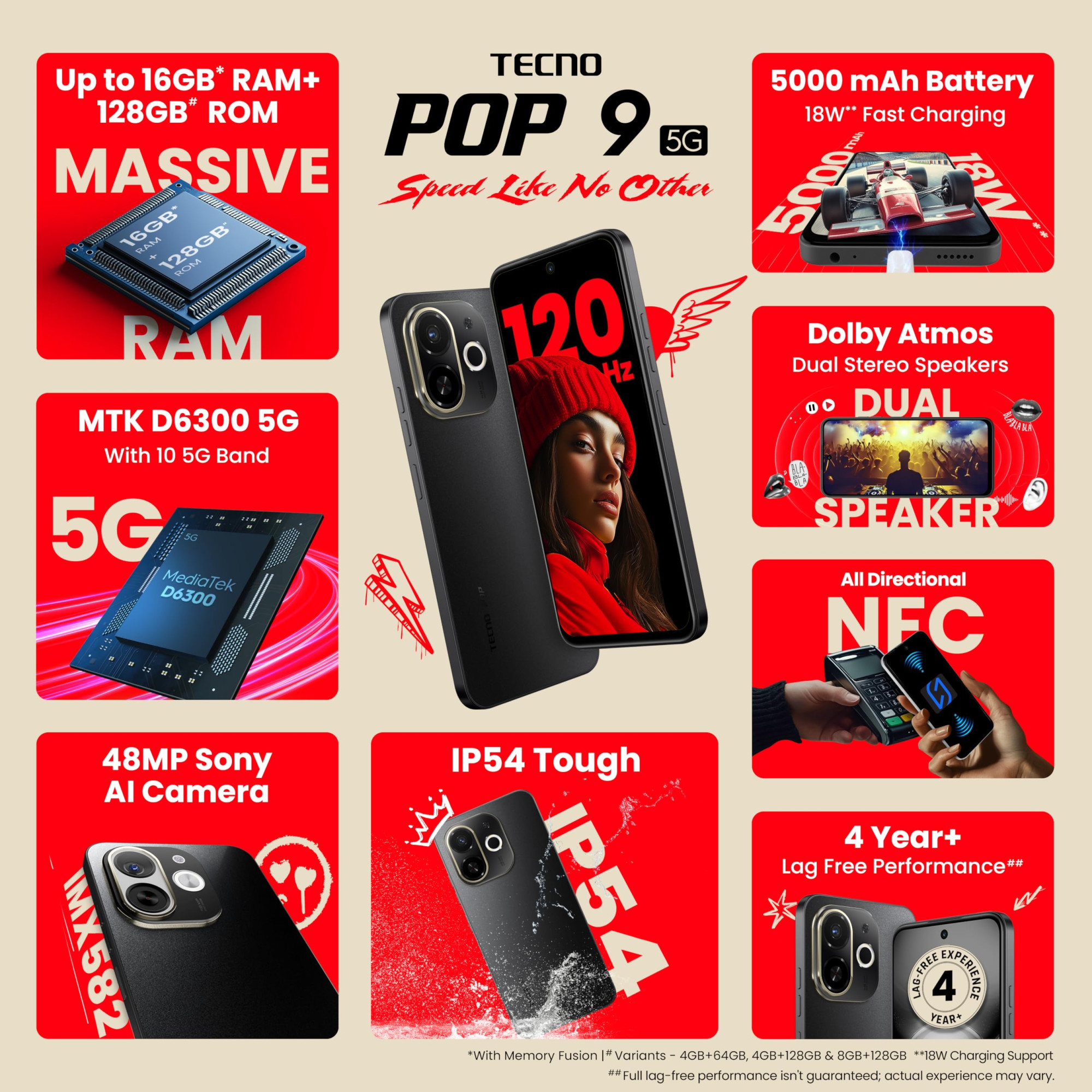 Tecno POP 9 5G Midnight Shadow 4GB128GB Segments 1st 48MP Sony AI Camera Segments 1st 5G with NFC D6300 5G Processor 4 Year Lag Free Fluency 5000 mAh Battery Dual Speaker Without Charger