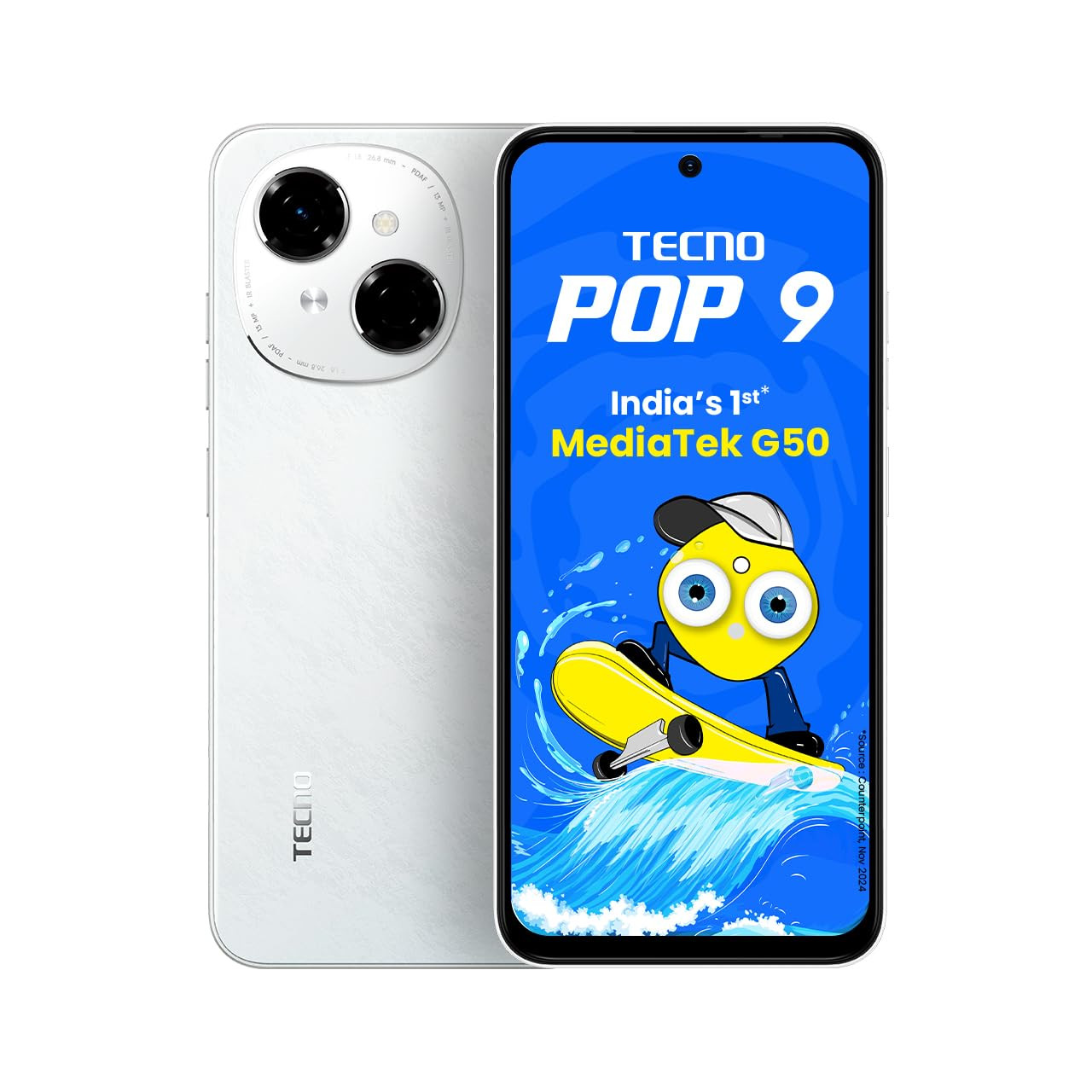 Tecno POP 9 Glittery White 3GB64GB Indias 1st Mediatek G50  IP54 Rated  IR Remote  Dual Speaker with DTS  36 Month Lag Free Fluency  15W Fast Charging Support  5000 mAh Battery