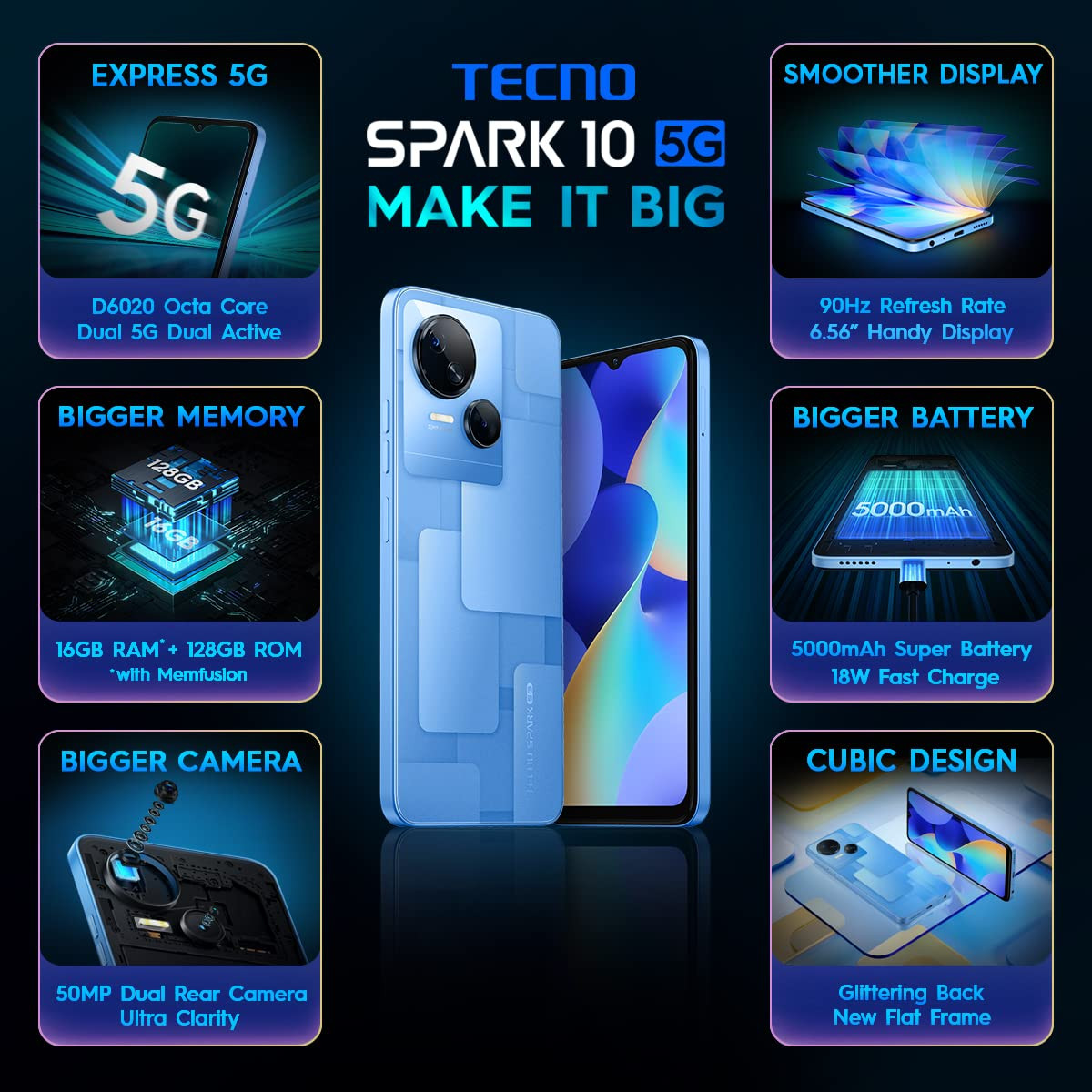 TECNO Spark 10 5G Meta Blue 4GB RAM64GB Storage8GB Expandable RAM  Ultra Clear 50MP Superior Rear Camera Dimensity 6020 7nm Powerful 5G Processor