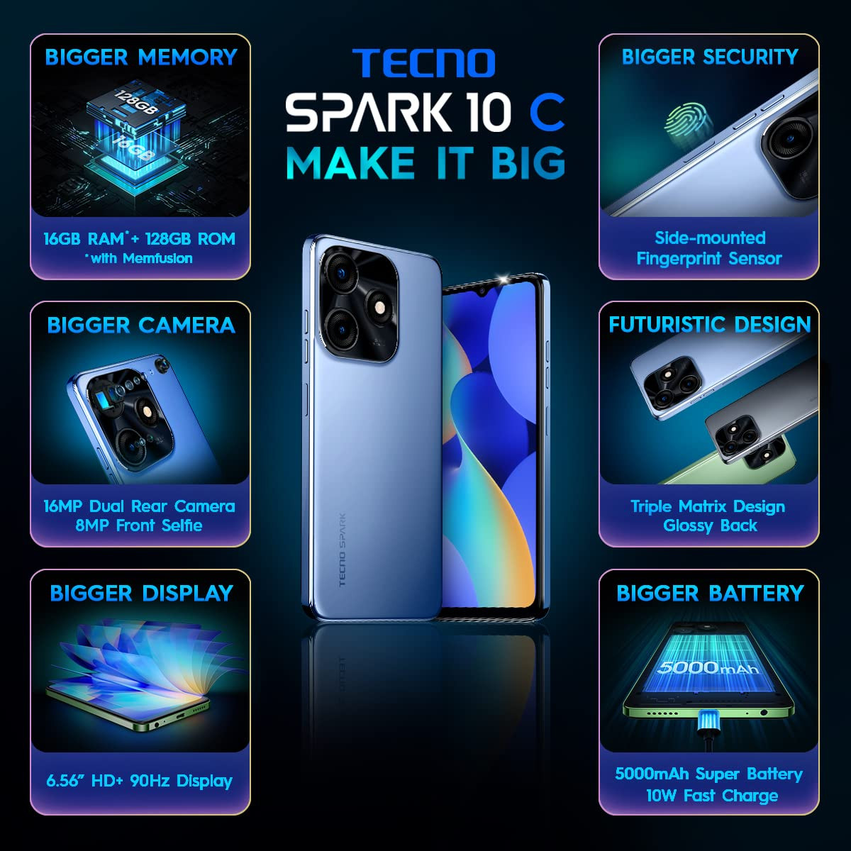 TECNO Spark 10C Magic Skin Blue 8GB RAM128GB Storage16GB Expandable RAM  90Hz Refresh Rate 66 HDDot Display  16MP AI Dual Rear Camera