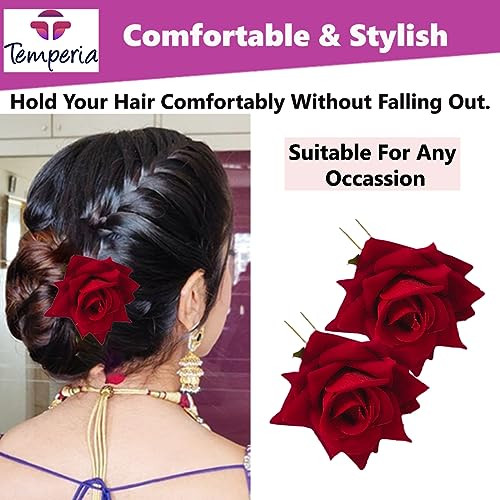 TEMPERIA (2pcs) Hair Accessories For Women & Girls - Stylish Red Rose  Artificial Flowers Bun Juda U