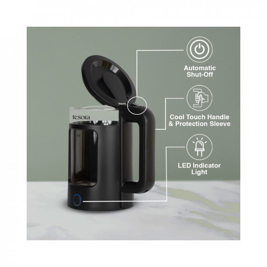 Tesora - Inspired by you Electric Glass KettleBorosilicate Glass Body With Cool Touch Pp Sleeve15 Liters Capacity1350 WattsOverheatingBoil Dry Protection1 Year WarrantyBlack