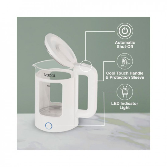 Tesora - Inspired by you Electric Glass KettleBorosilicate Glass Body With Cool Touch Pp Sleeve15 Liters Capacity1350 WattsOverheatingBoil Dry Protection1 Year WarrantyWhite