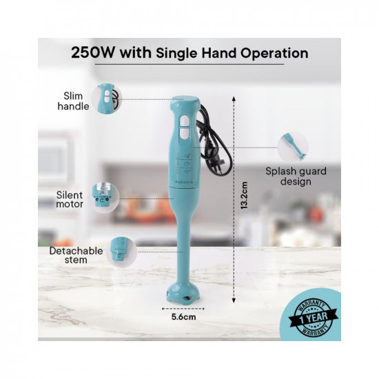 The Better Home FUMATO Turbo 250W Portable Electric Hand Blender  Detachable Stainless Steel Stem  Hand Blender for smoothie  Juices  1 year mfgh Warranty Misty Blue