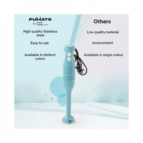 The Better Home FUMATO Turbo 250W Portable Electric Hand Blender  Detachable Stainless Steel Stem  Hand Blender for smoothie  Juices  1 year mfgh Warranty Misty Blue