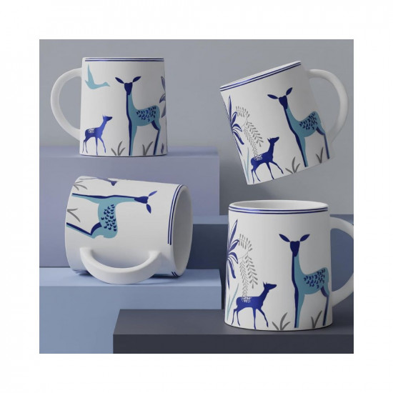 The Earth Store Stag Blue Coffee Mug Set of 4 to Gift to Best Friends, Coffee Mugs, Microwave Safe Ceramic Mugs,(300 ml Each)