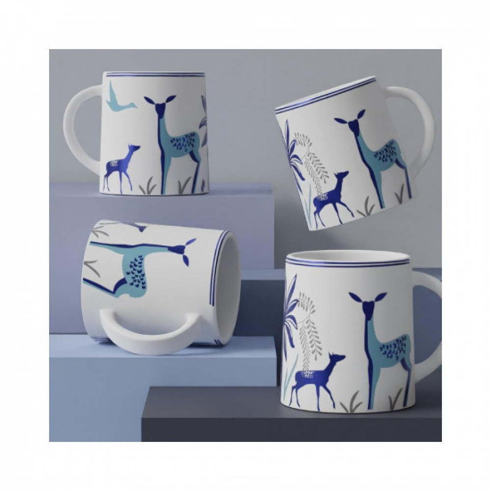The Earth Store Stag Blue Coffee Mug Set of 4 to Gift to Best Friends, Coffee Mugs, Microwave Safe Ceramic Mugs,(300 ml Each)