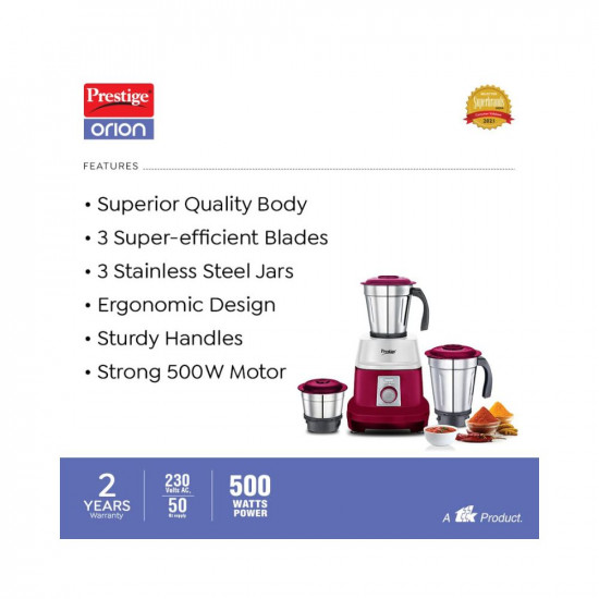 TTK Prestige Limited Orion Mixer Grinder 500 Watts 3 Jars 1200ml 1000ml 500ml Red