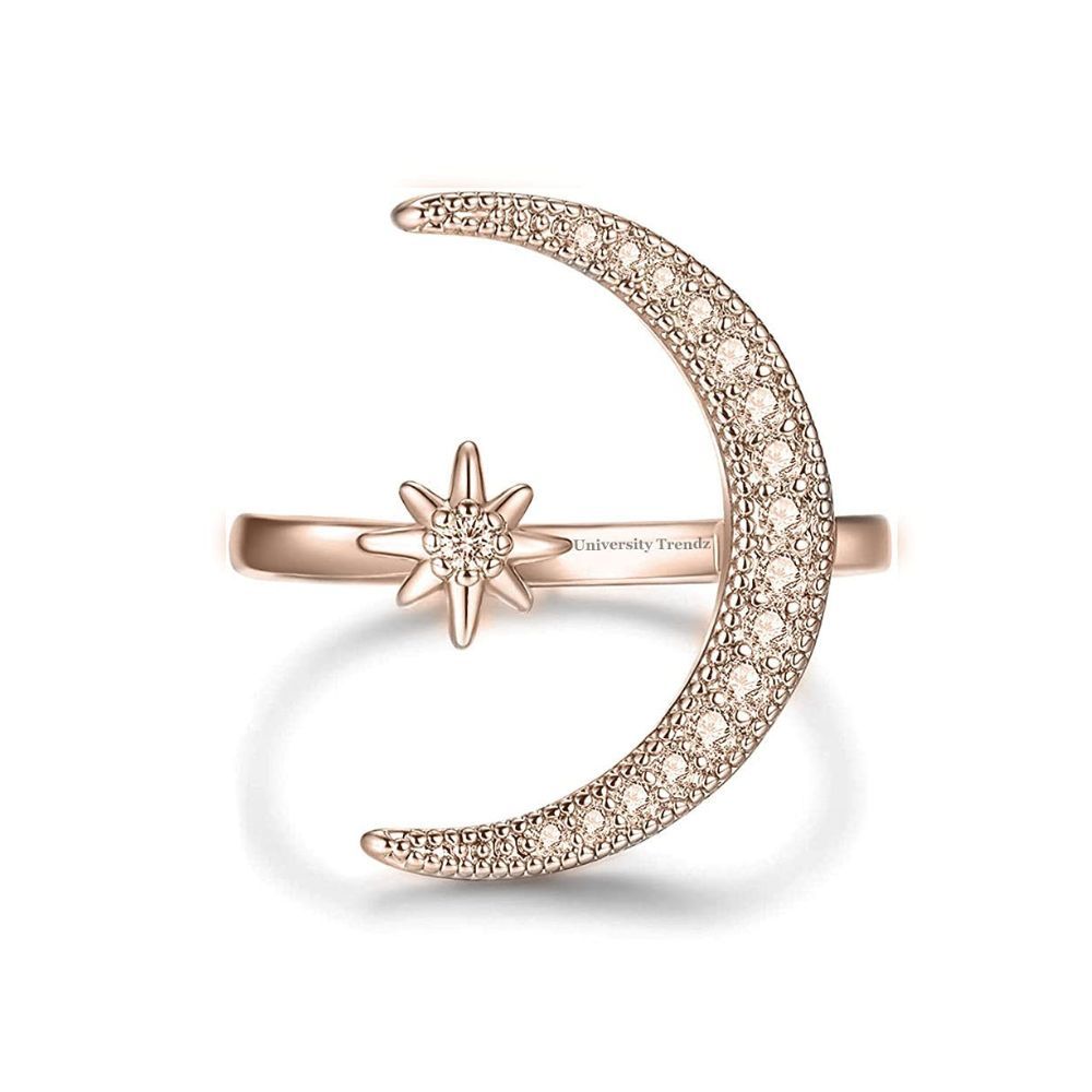 University Trendz Big Moon and Star Ring - Rose Gold Plated CZ Adjustable Ring for Women Girls