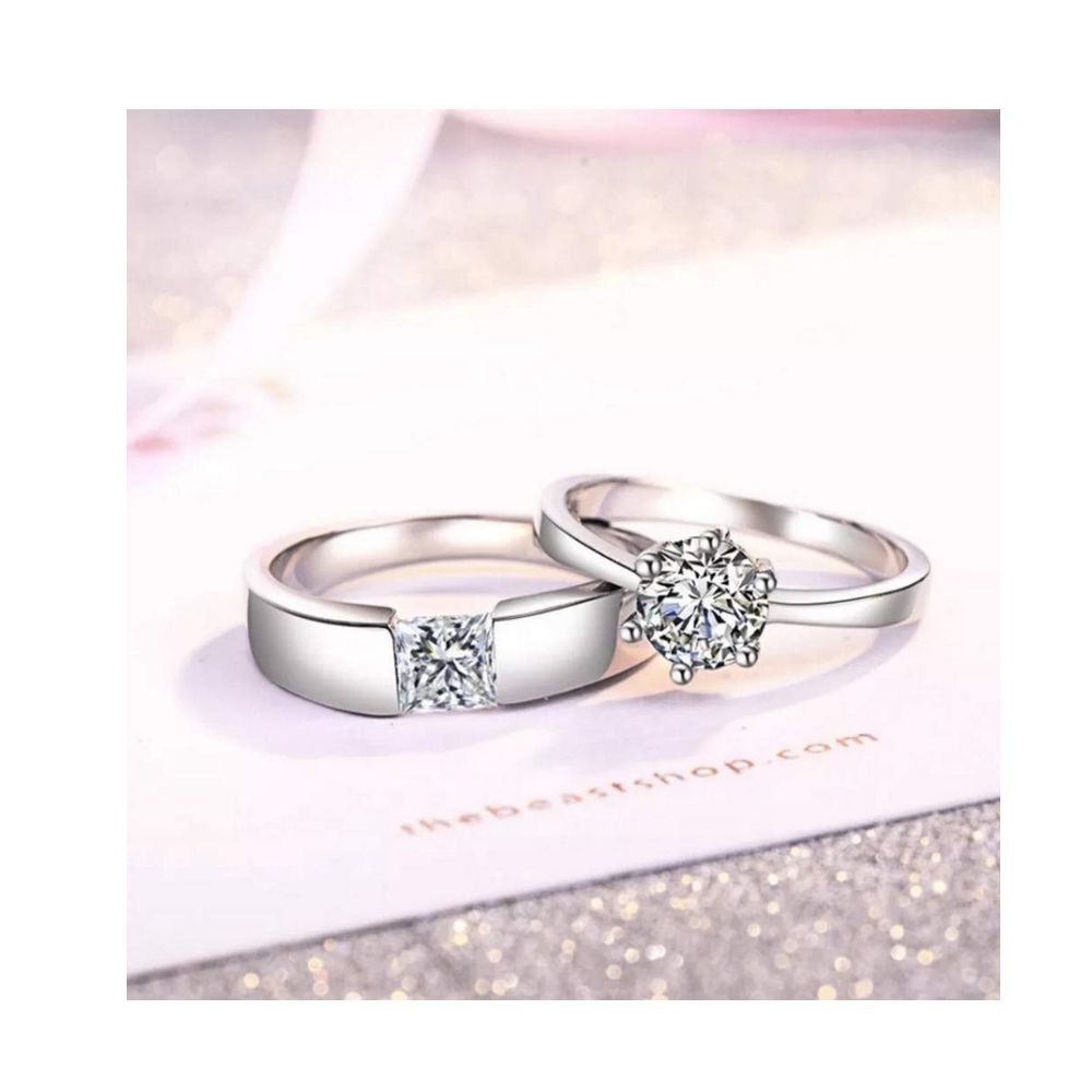University Trendz Sterling Silver Zircon Crystal Adjustable Couple Ring for Men & Women