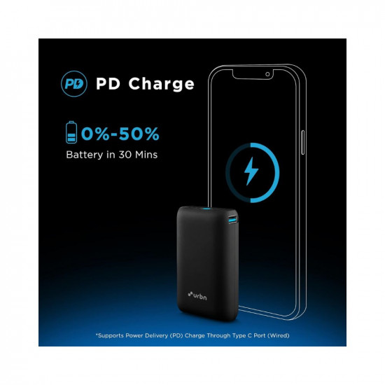 URBN 10000 mAh Lithium_ion Premium Black Edition Nano Power Bank | 20W Fast Charging | Smallest Power Bank | Type C PD (Input& Output) | Made in India | Dual Output | Free Type C Cable - Black