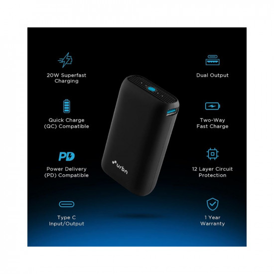 URBN 10000 mAh Lithium_ion Premium Black Edition Nano Power Bank | 20W Fast Charging | Smallest Power Bank | Type C PD (Input& Output) | Made in India | Dual Output | Free Type C Cable - Black
