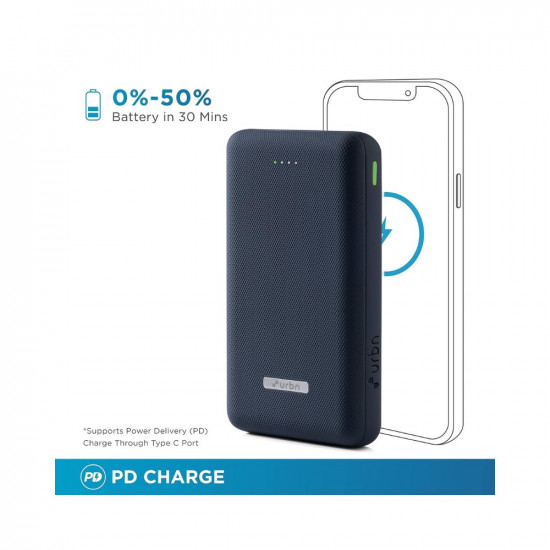 URBN 20000 mAh Lithium_Polymer 22.5W Super Fast Charging Ultra Compact Power Bank with Quick Charge & Power Delivery, Type C Input/Output, Made in India, Type C Cable Included (Blue)