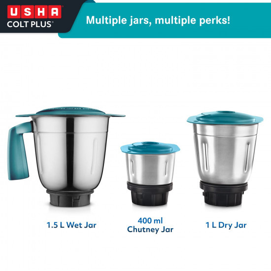 Usha Colt Plus MG 3772 750-Watt Copper Motor Mixer Grinder with 3 Jars and 2 Years Product Warranty & 5 Years Motor Warranty (Green)