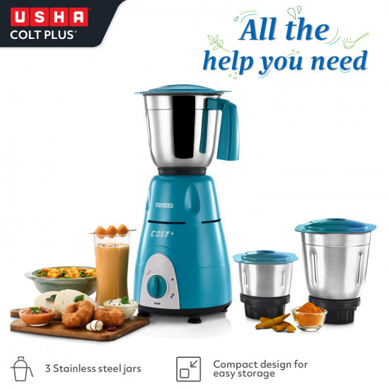 Usha Colt Plus MG 3772 750-Watt Copper Motor Mixer Grinder with 3 Jars and 2 Years Product Warranty  5 Years Motor Warranty Green