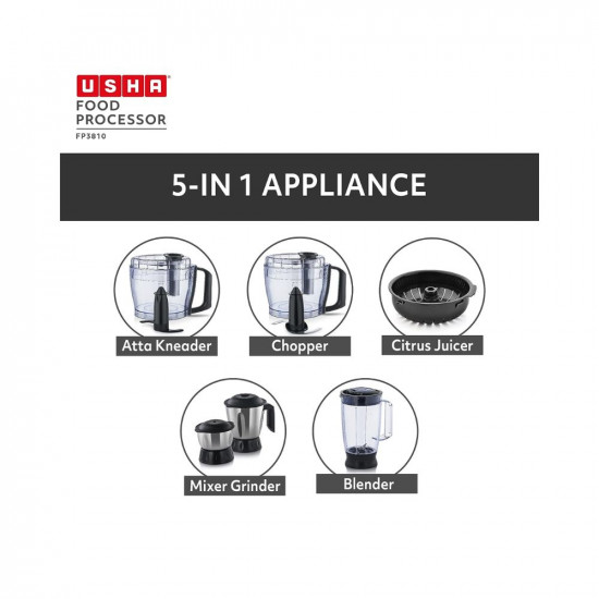 Usha FP 3810 Food Processor 1000 Watts Copper Motor with 13 AccessoriesPremium SS Finish Black and Steel