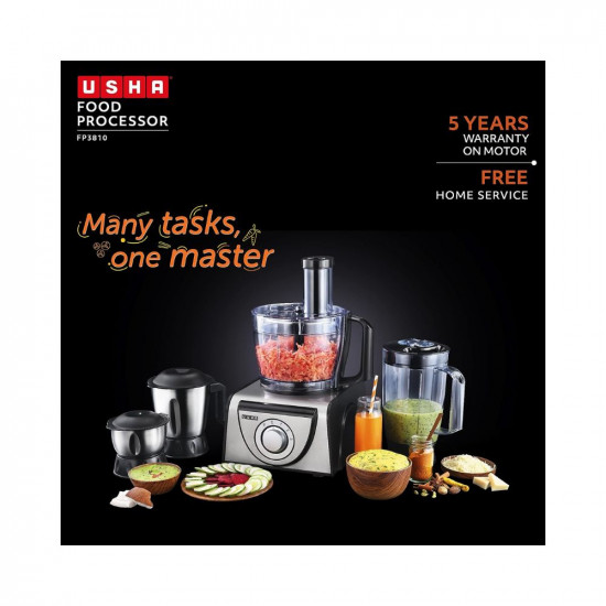 Usha FP 3810 Food Processor 1000 Watts Copper Motor with 13 AccessoriesPremium SS Finish Black and Steel