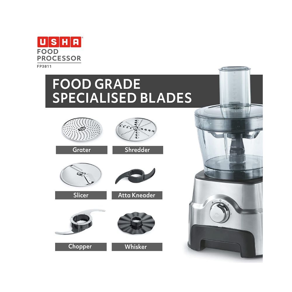 Usha FP 3811 Food Processor 1000 Watts Copper Motor with 13 AccessoriesBlack