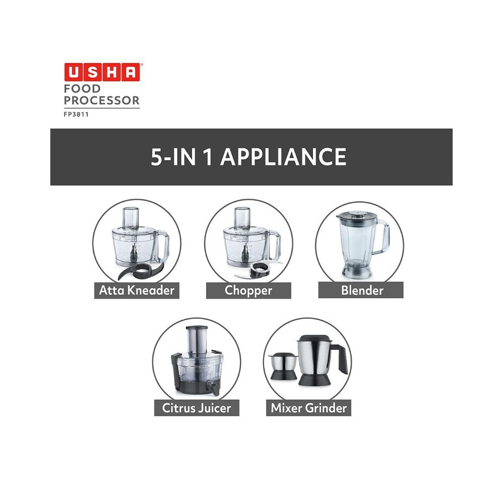 Usha FP 3811 Food Processor 1000 Watts Copper Motor with 13 AccessoriesBlack